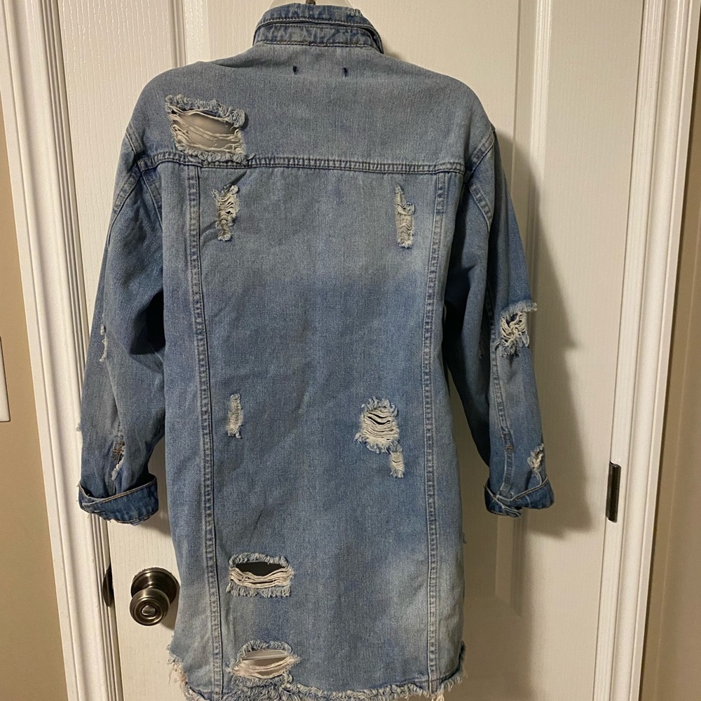 Ladies Long Jean Jacket. Distressed.